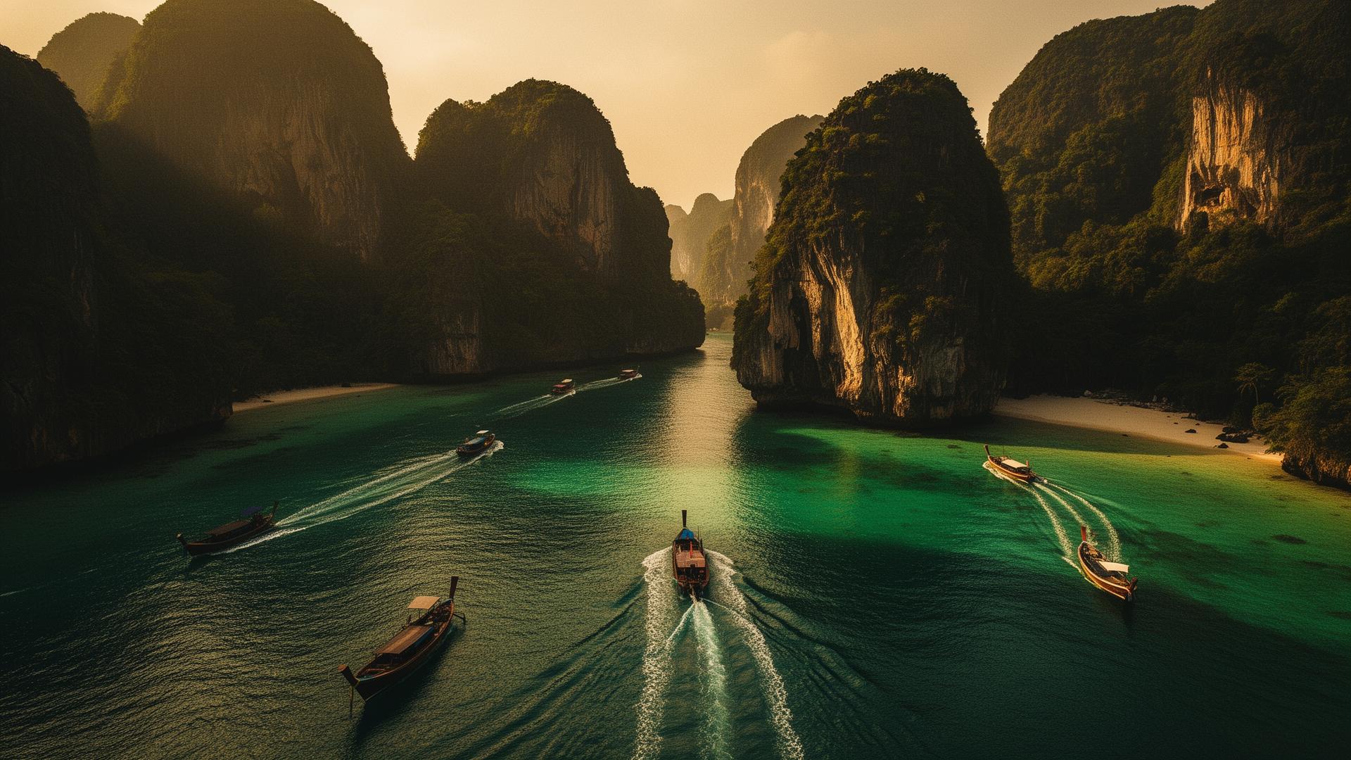 Cinematic aerial view of Thailand's Phi Phi islands at golden hour